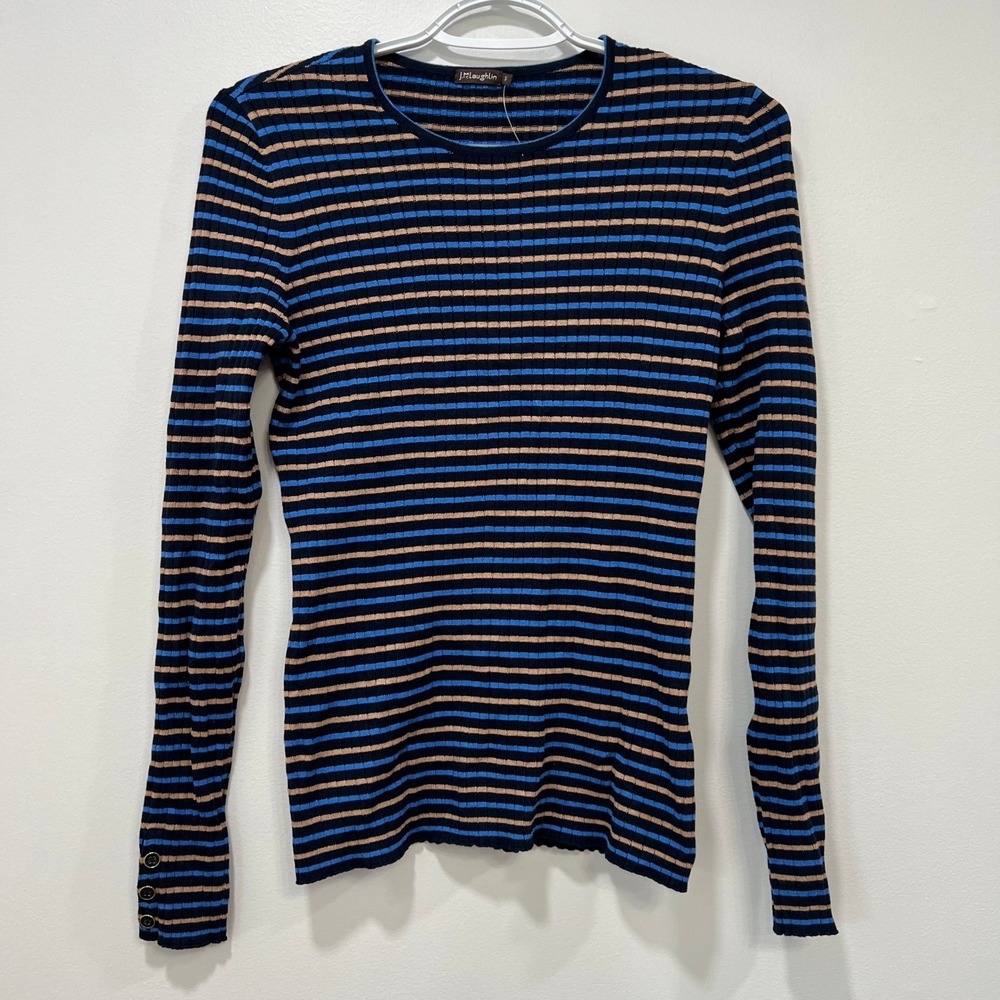 J Mclaughlin Womens Annette Sweater Small NWT $148 Navy Camel Ribbed Button Crew
